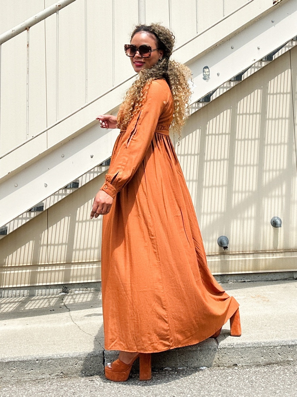 Women's Long Sleeve Maxi Dress in Mustard, M - Picture 2 of 6